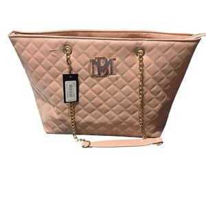 Badgley Mischka Large Blush Quilted Tote Bag with Gold Chain Handles NWT